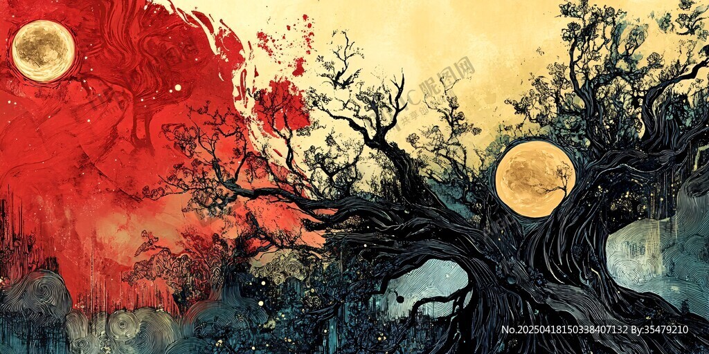 月夜枯树奇幻意境图