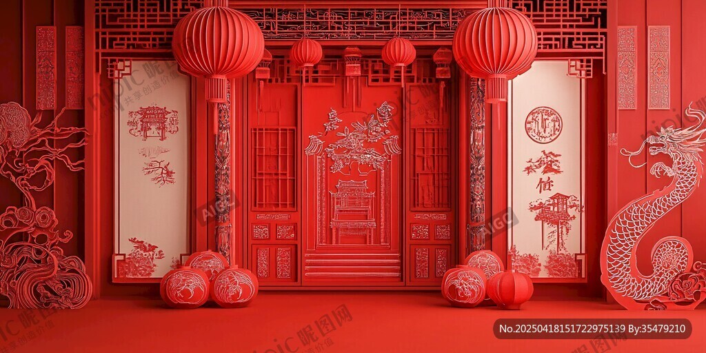 中式红色传统喜庆门庭场景