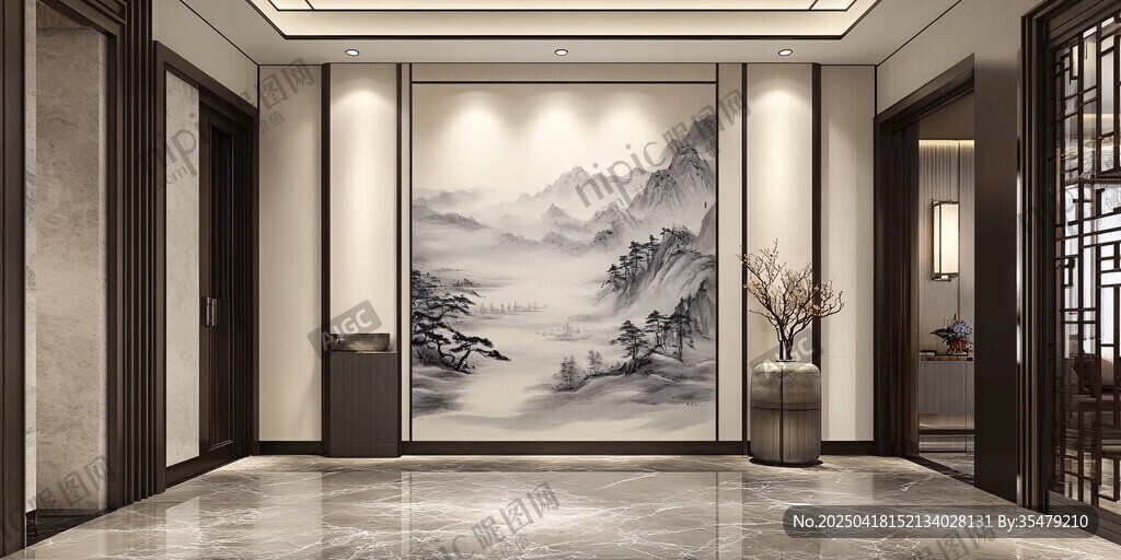 中式雅致门厅 山水壁画添韵