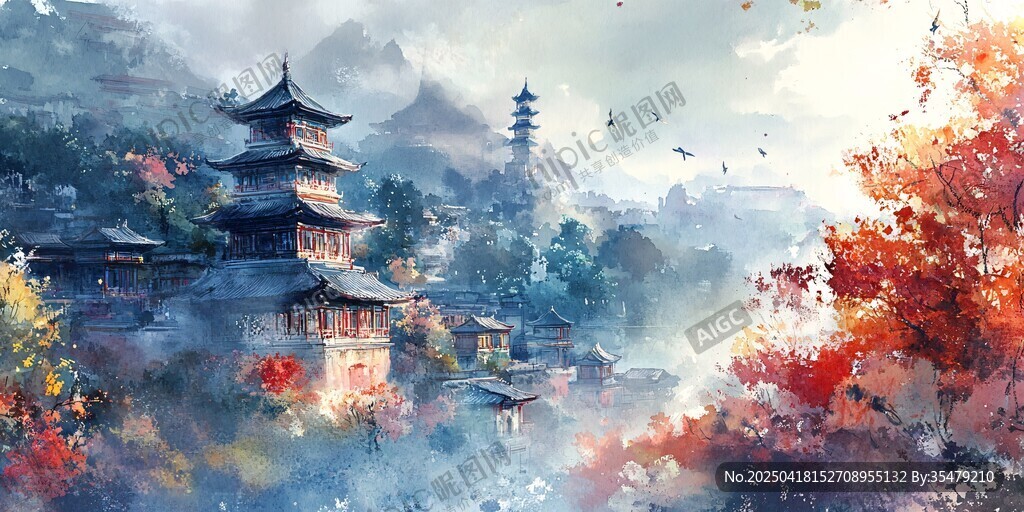 水墨秋景中的古风建筑