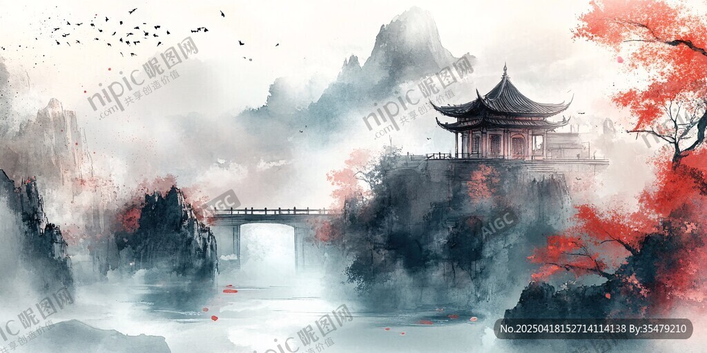 水墨山水间的古韵楼阁