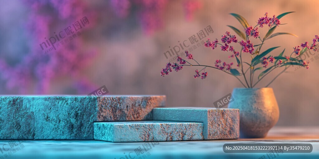简约石台旁的雅致花瓶花卉