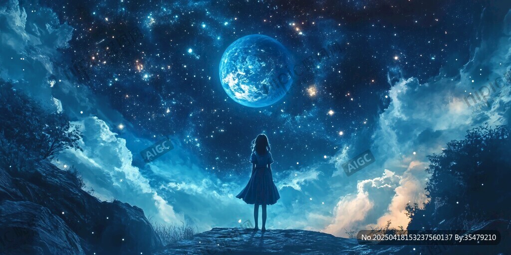 少女凝望夜空中的奇幻星球
