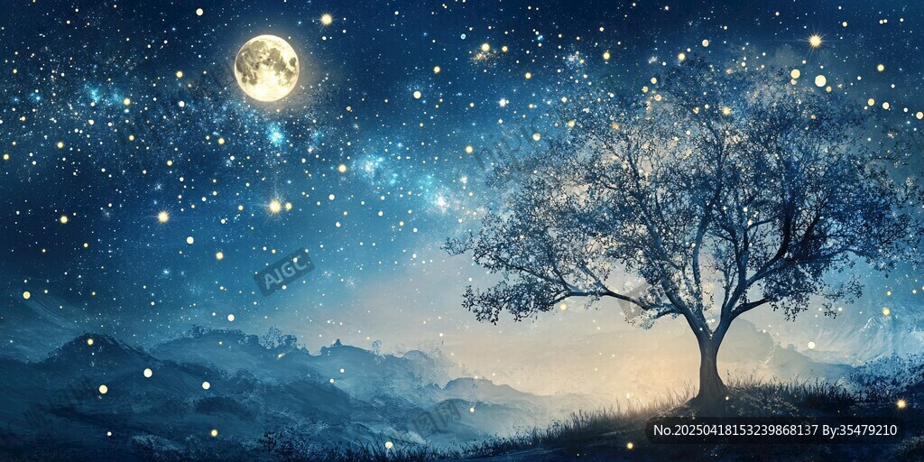 月夜下的孤独树与璀璨星空