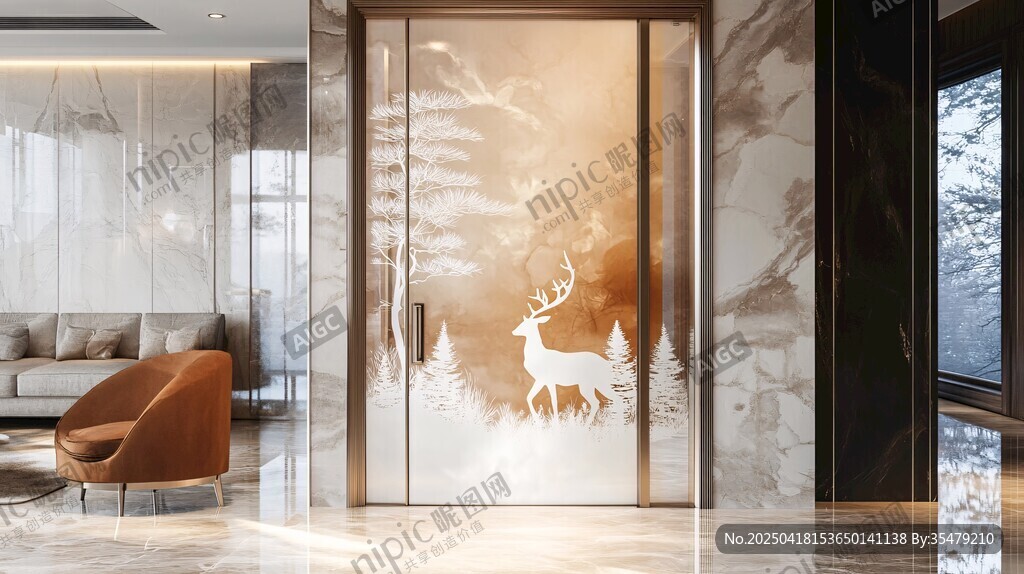 现代客厅中梦幻麋鹿艺术玻璃