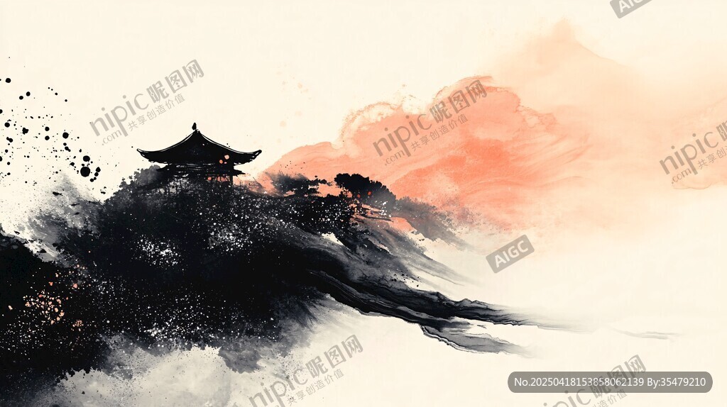 水墨山水间的古韵楼阁