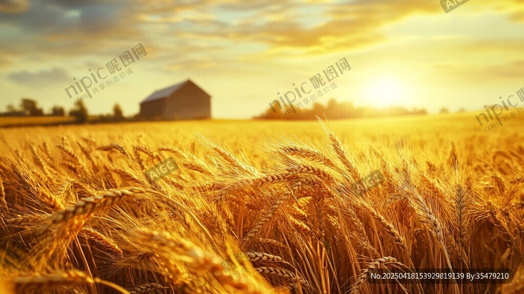 夕阳下的金色麦田与农舍