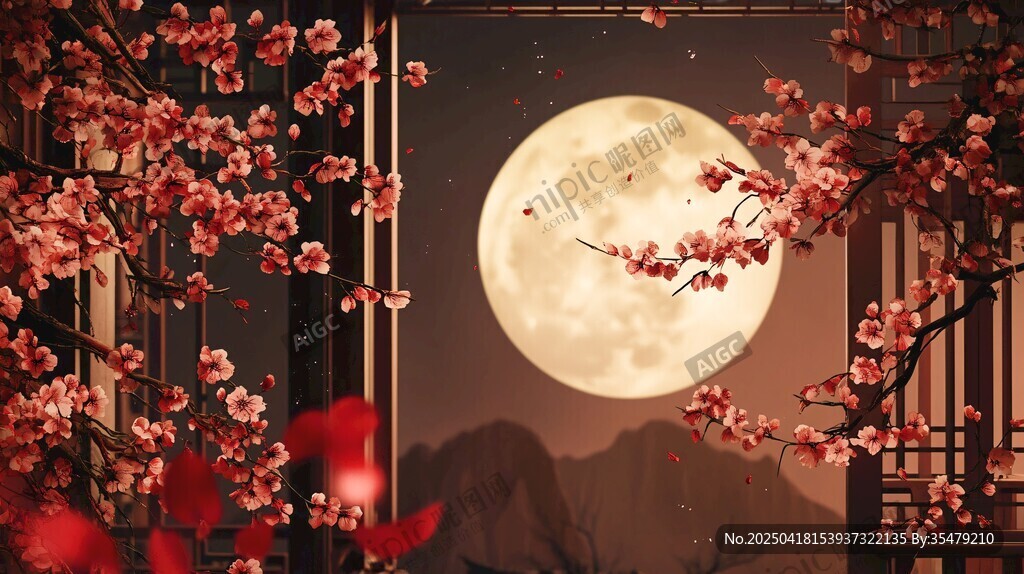 月夜繁花中式唯美景象