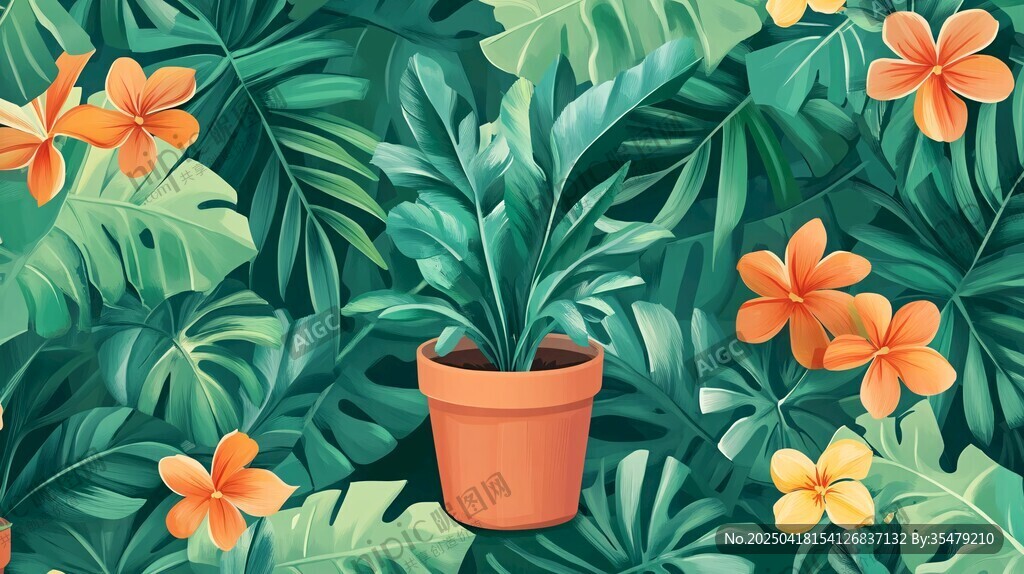 热带绿植盆栽花卉插画