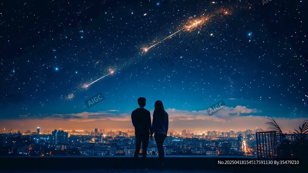 情侣共赏夜空流星美景