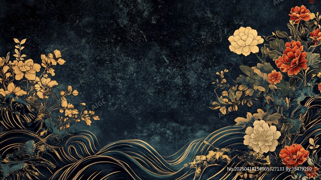 中式繁花海浪复古背景图