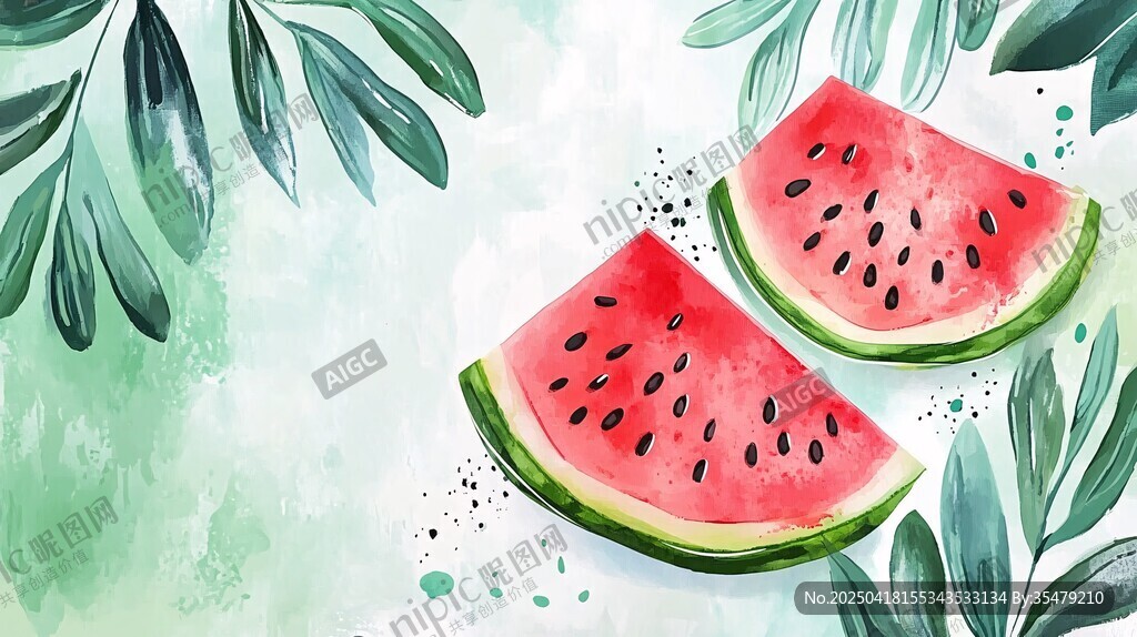 水彩风西瓜与绿叶插画