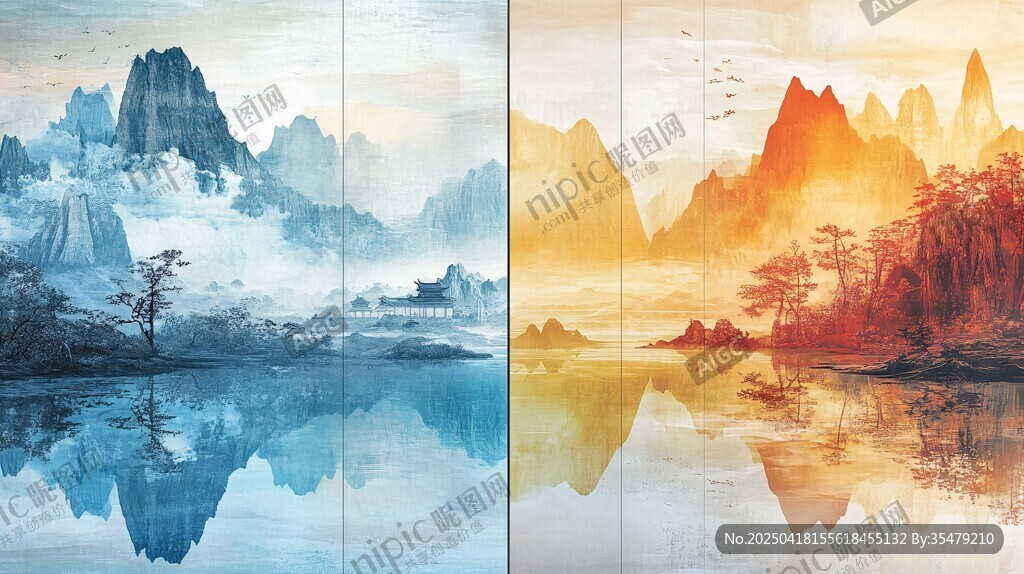 双色山水间的诗意景致