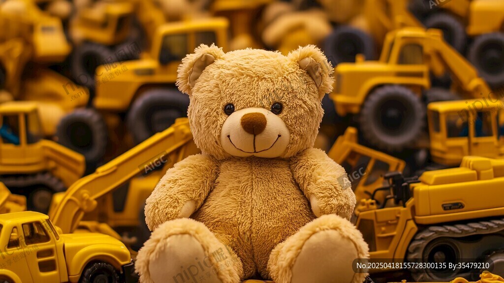 小熊置身玩具工程车之中