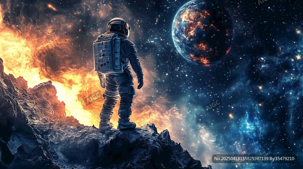 宇航员眺望燃烧星球
