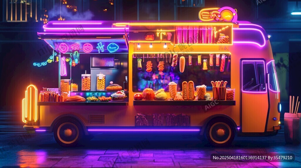霓虹闪烁的街头美食餐车