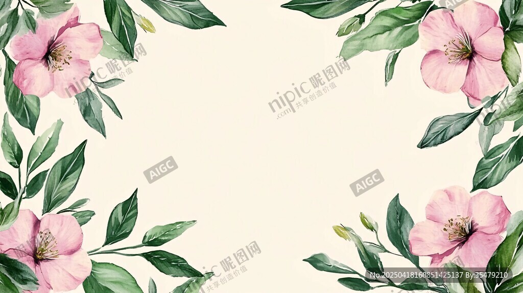 粉色花卉绿叶边框背景图