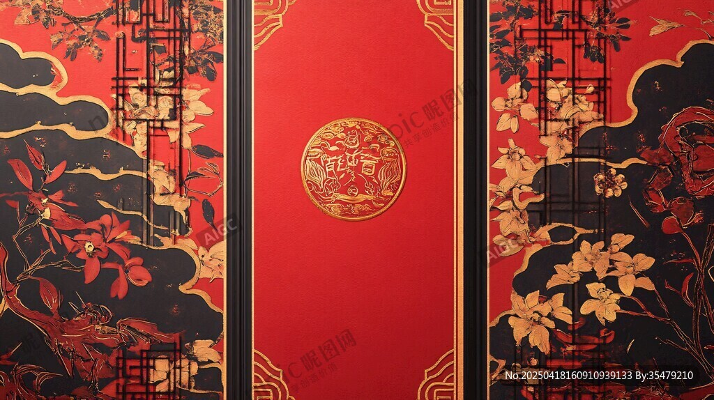 中式古典红黑金花纹装饰图