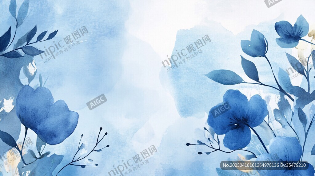 蓝色水彩花卉背景图