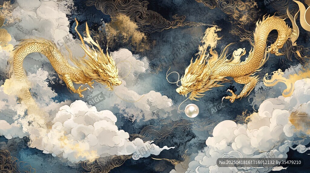 双龙戏珠云海间奇幻图景