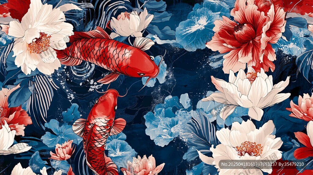 锦鲤花卉图案 中式风情美学