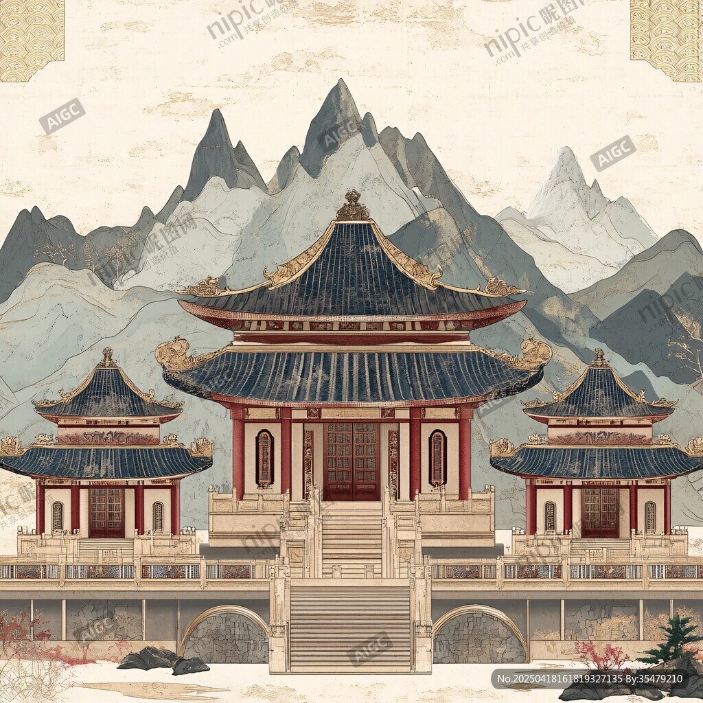 古风中式山水楼阁景观
