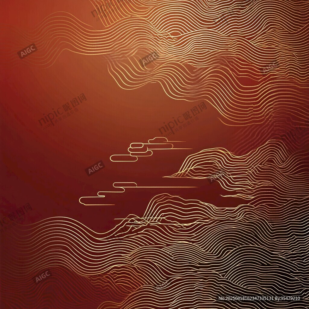 红色中式线条山水背景图