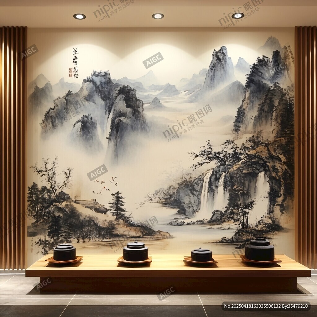 中式山水壁画前的茶具
