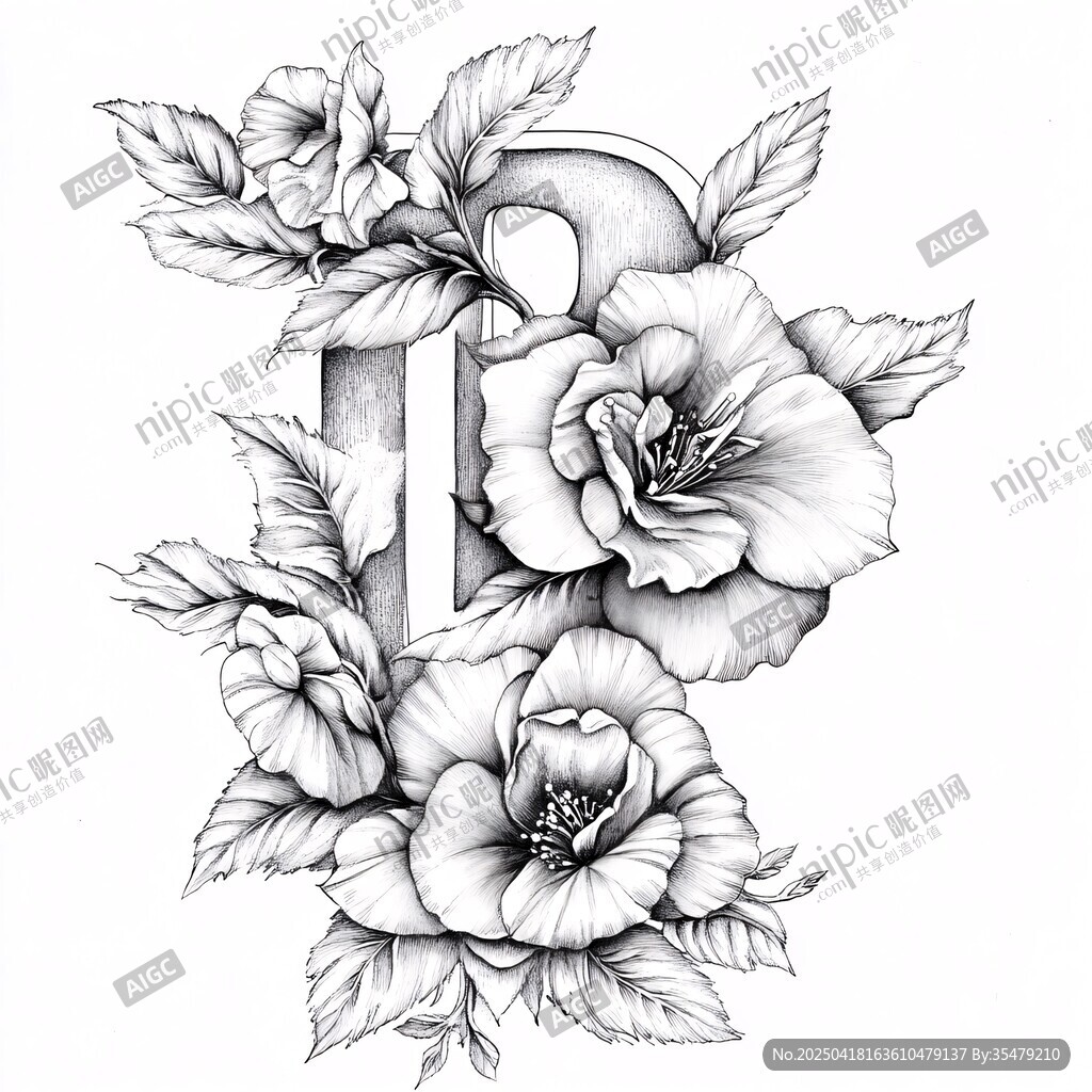 花卉装饰的字母D艺术图案