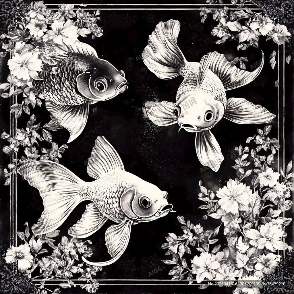 黑白金鱼花卉装饰图案
