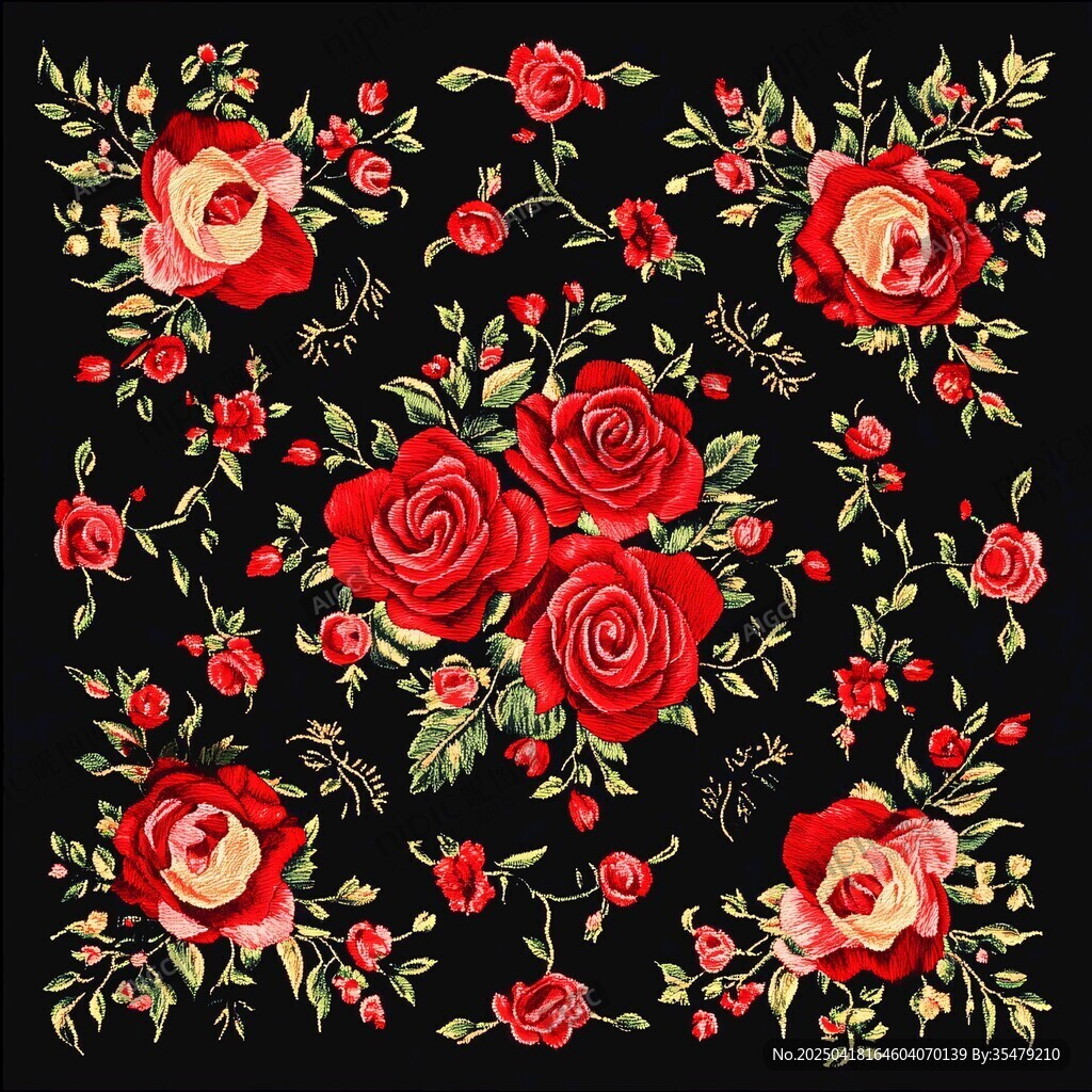 黑色背景上的红玫瑰花卉图案