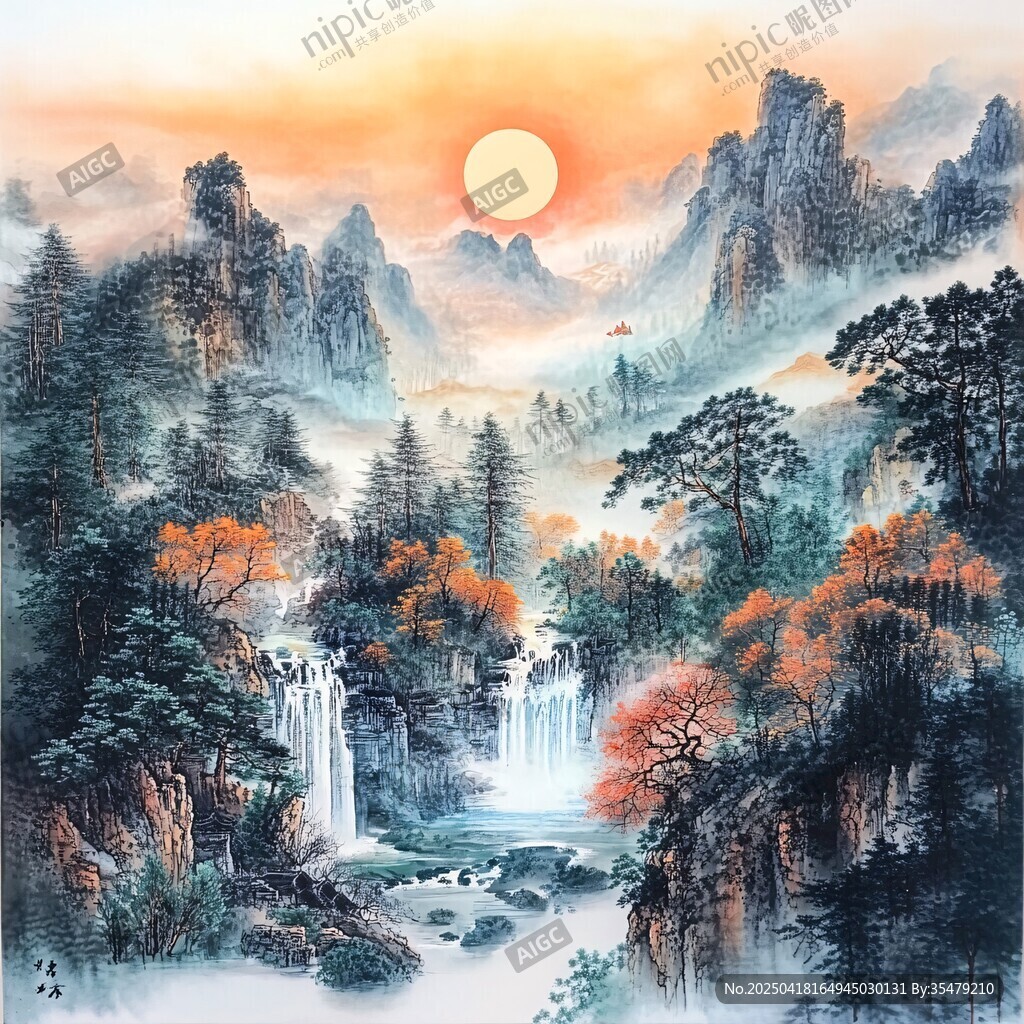 旭日山林间的壮美山水景