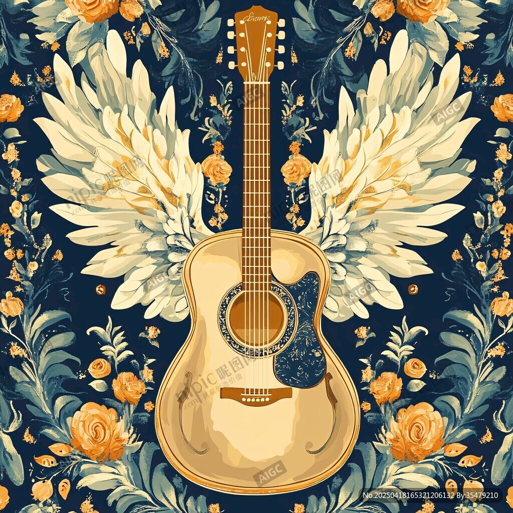 带翅膀的梦幻吉他插画