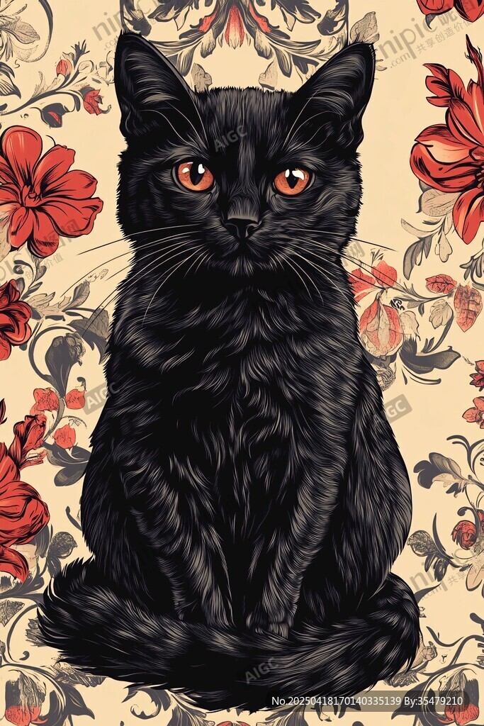 黑猫坐于花卉背景前