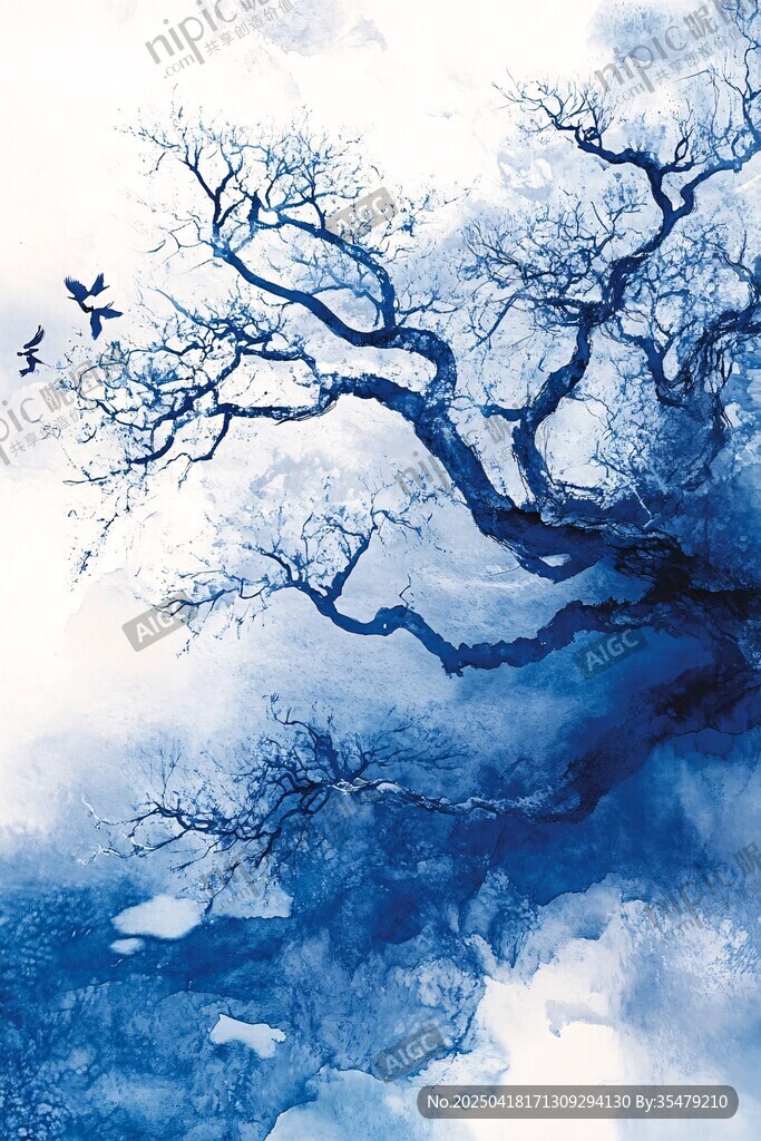 水墨风枯树飞鸟奇幻图景