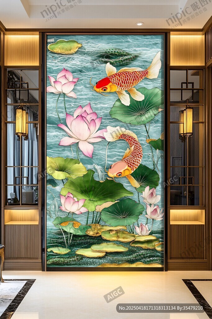 中式玄关荷花锦鲤精美壁画