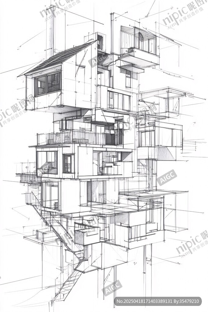 创意多层建筑结构手绘图