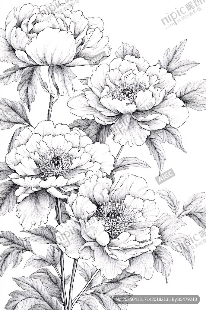 黑白手绘牡丹花图