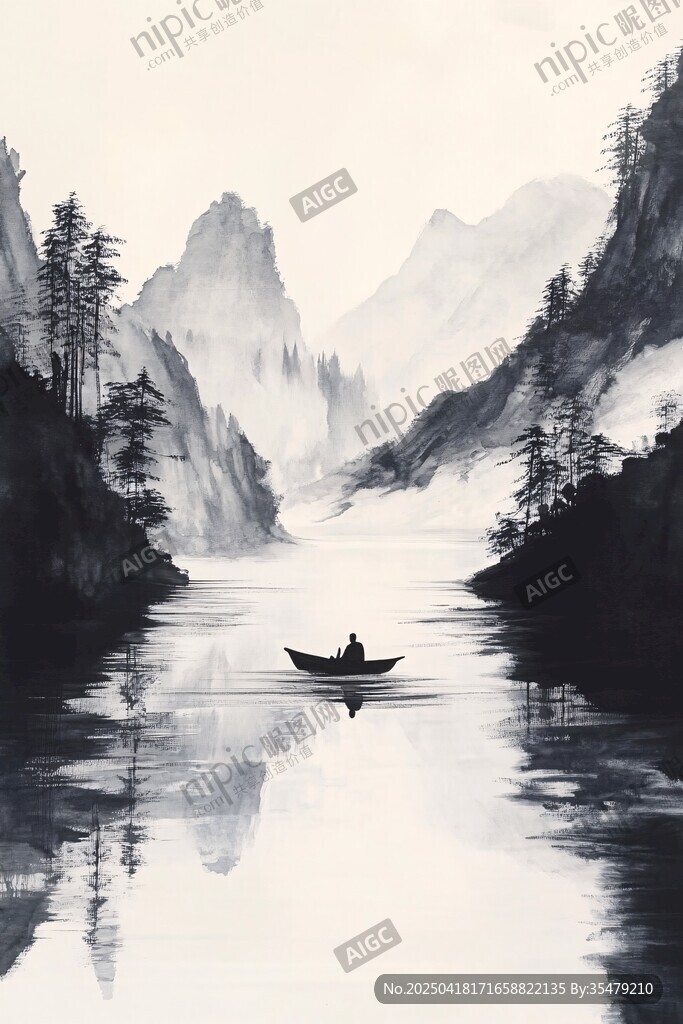 孤舟行于山水间