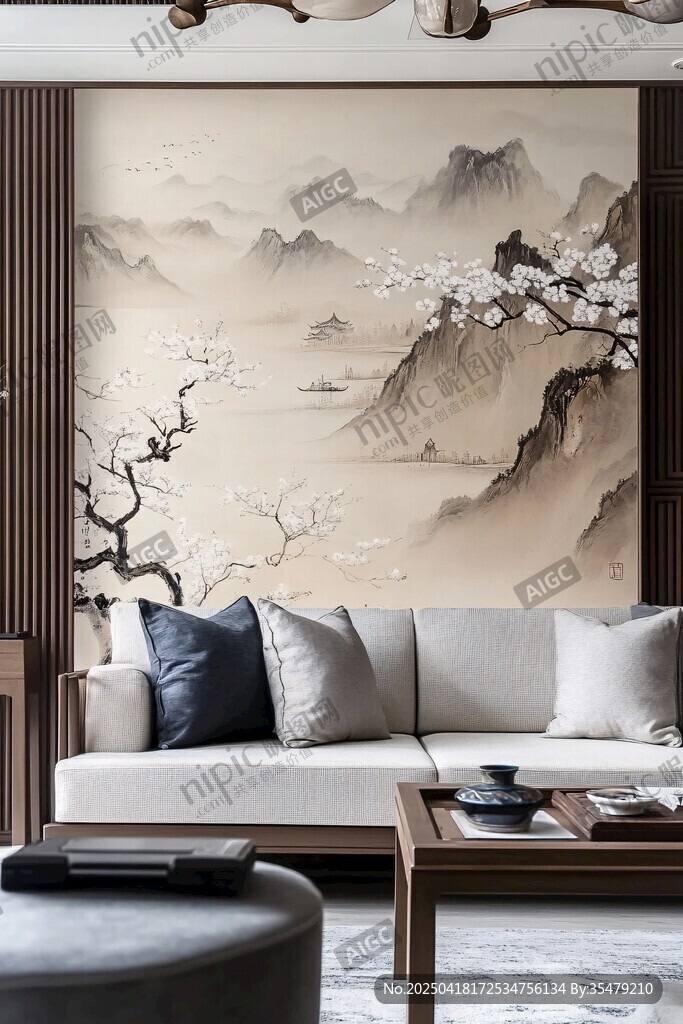 中式客厅 山水壁画沙发区