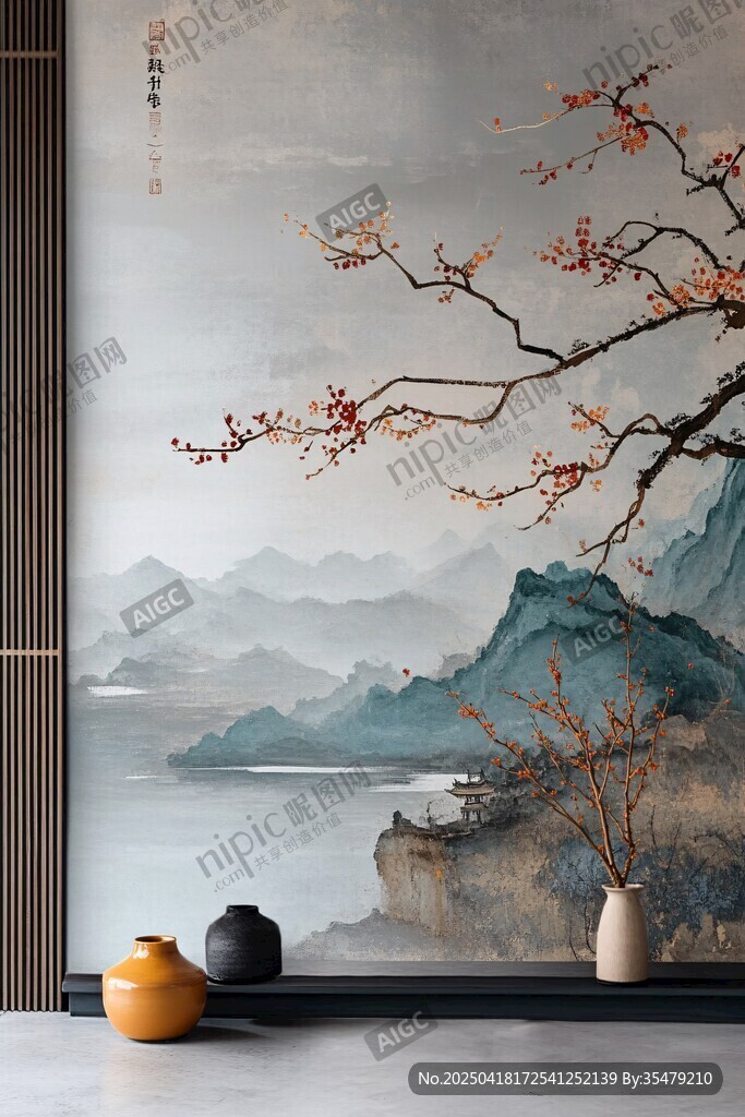 中式山水墙画前的雅致摆件