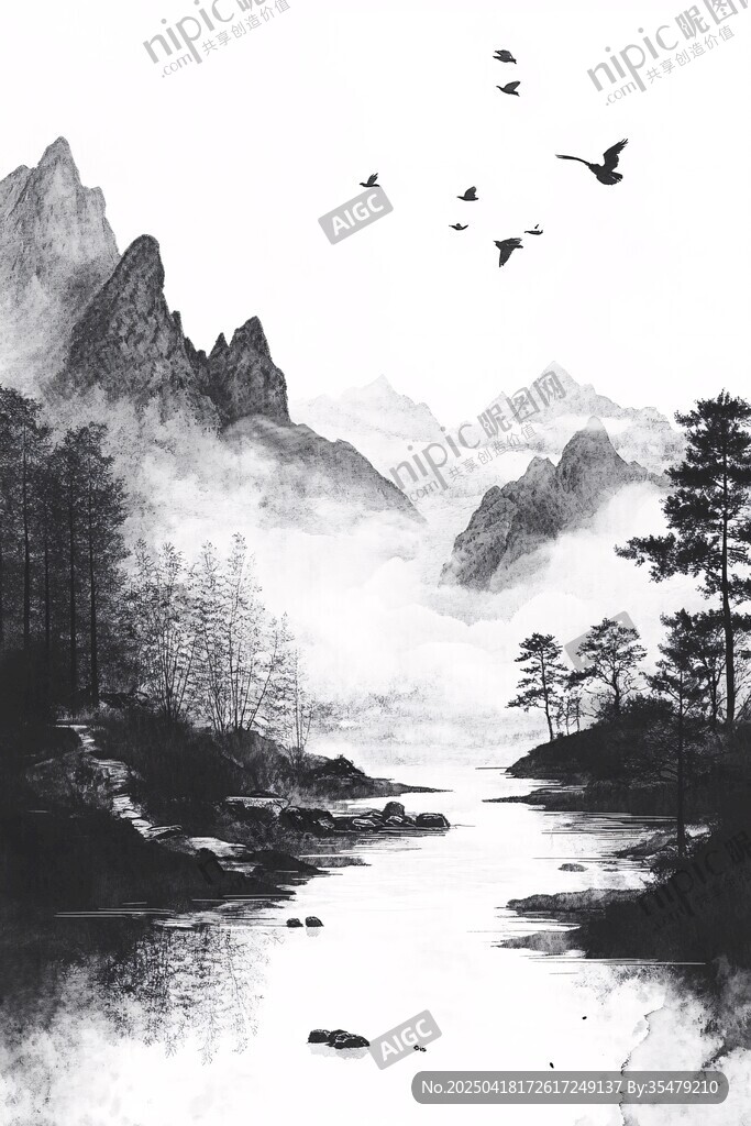 水墨山水间飞鸟绕林景