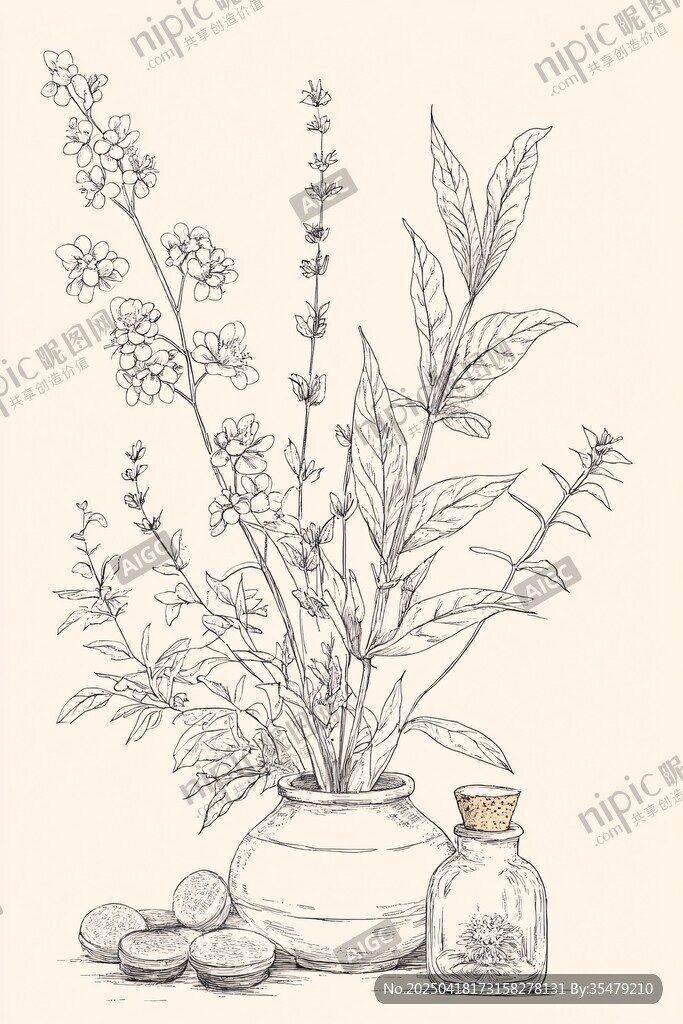 手绘瓶中花草与瓶罐