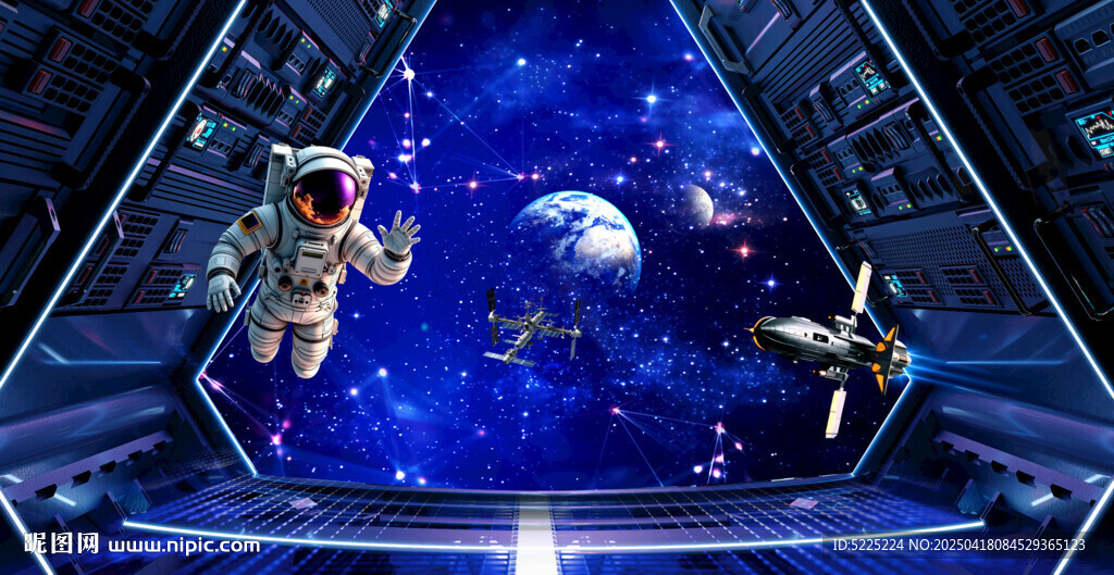 宇航员在宇宙舱内观星景
