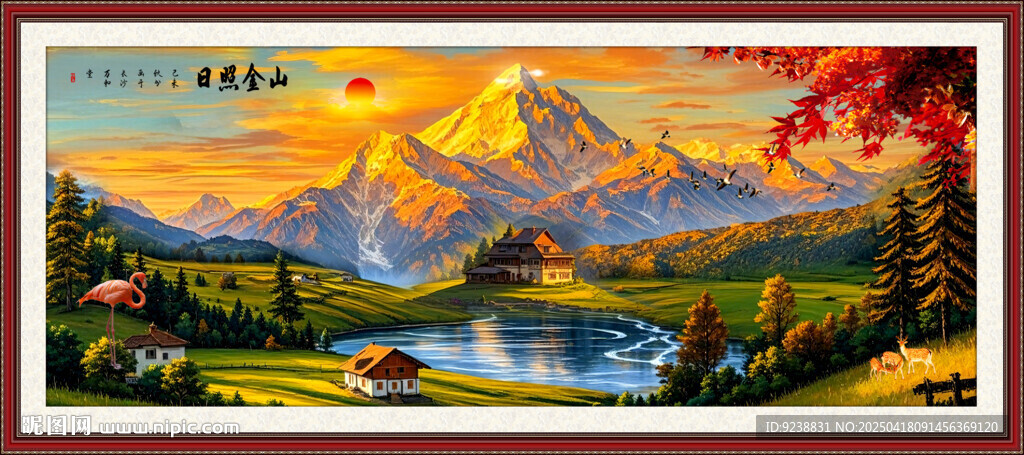 秋日山川美景油画