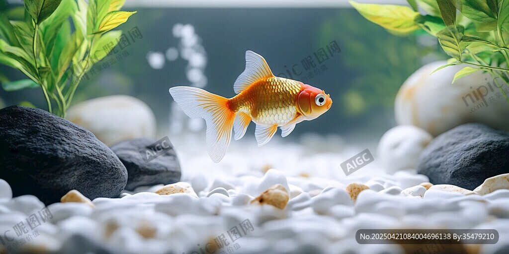 灵动金鱼悠游于石间水草