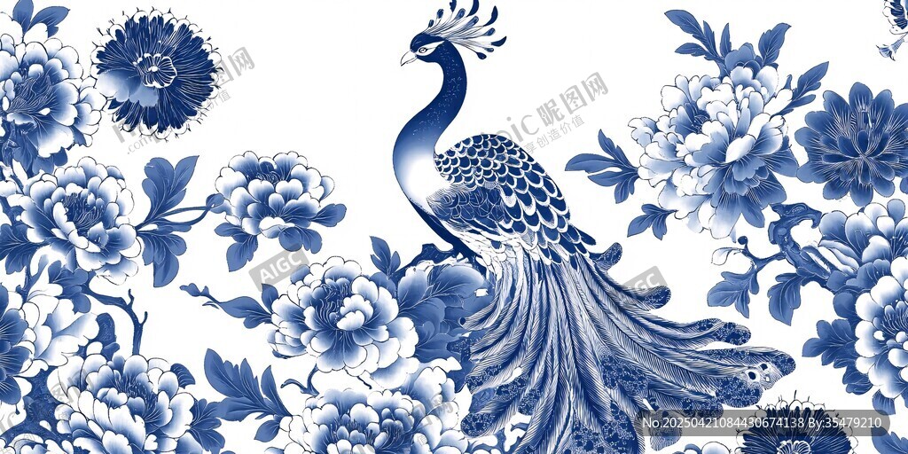 青花孔雀花卉图案设计