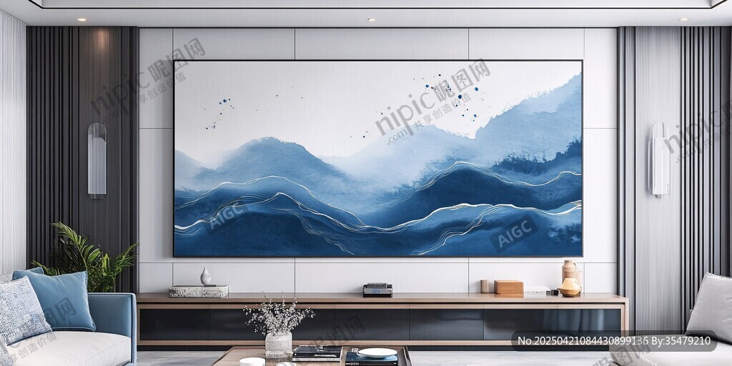 现代客厅中式山水壁画装饰