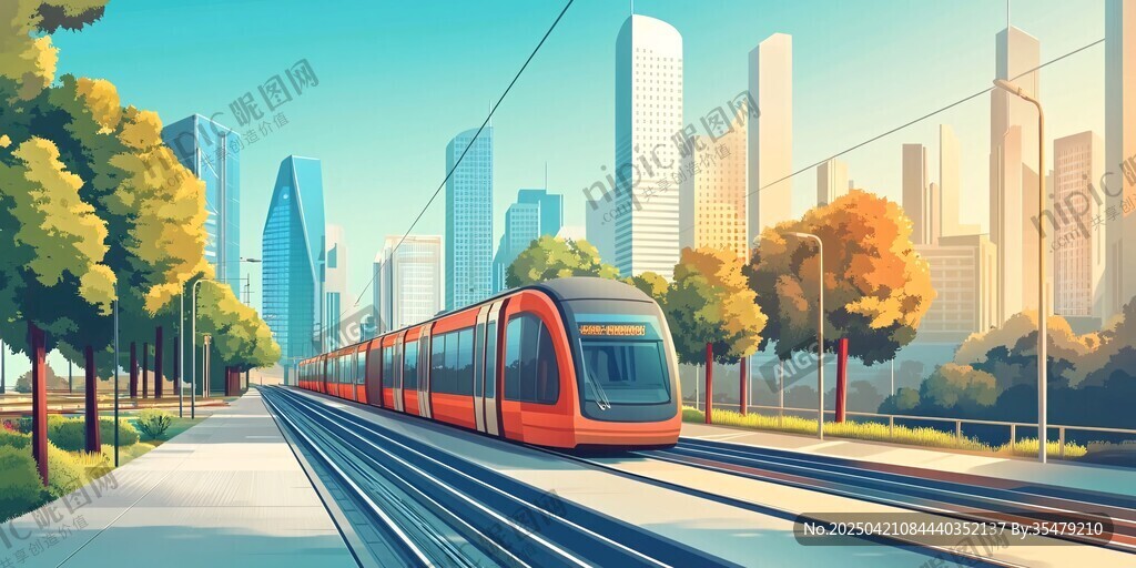 城市轻轨穿行于高楼绿树间