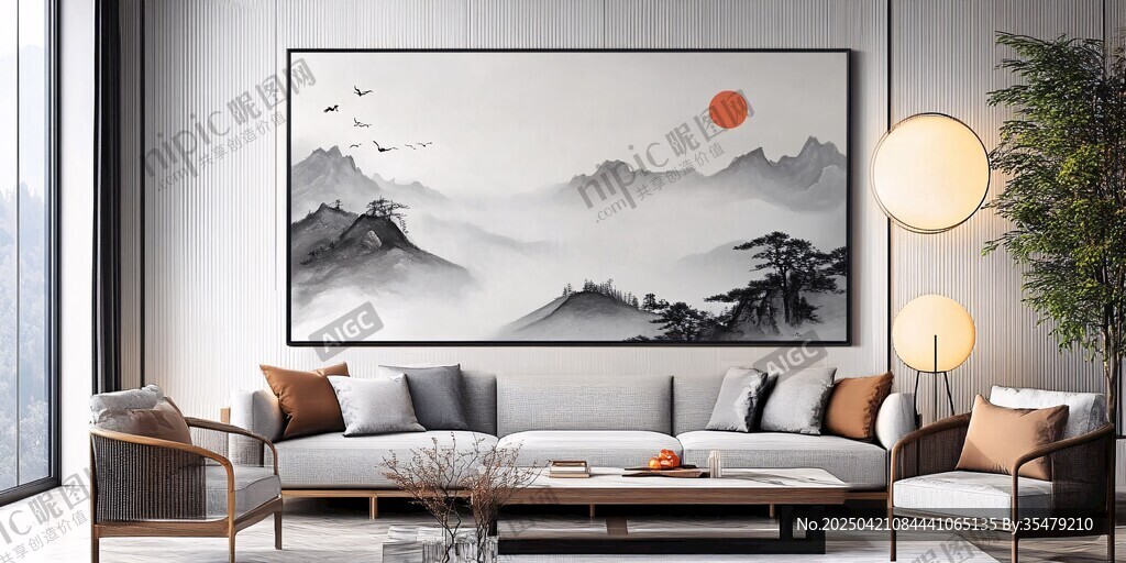中式客厅里的山水挂画